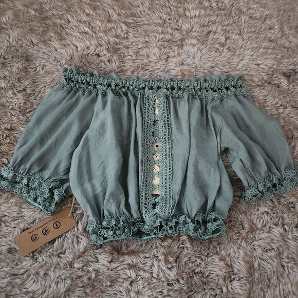 Savannah 7s Western Chic Elan Green Off-Shoulder Blouse‎ Lace Trim Women's Small - Picture 8 of 10